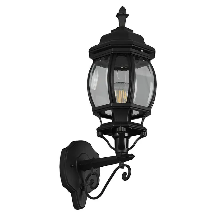 Trio Lighting Aplique exterior Elvo ascendente - 60 W, 24 x 18 x 49 cm, Negro, IP44, Ascendente - Lámpara de pared exterior negra con vidrio transparente y detalles decorativos. Proporciona iluminación elegante para exteriores.