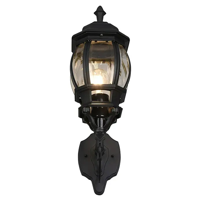Trio Lighting Aplique exterior Elvo ascendente - 60 W, 24 x 18 x 49 cm, Negro, IP44, Ascendente - Farol de pared negro para exteriores con una tulipa esférica transparente y soporte de pared decorativo, diseñado para uso exterior.