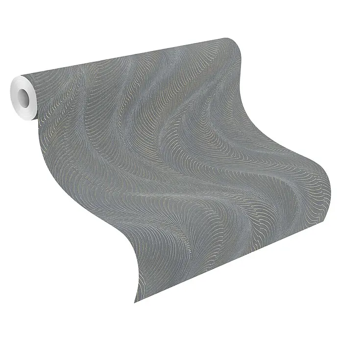 Rasch Incanto Vliestapete Wave Design - Grau/Silber/Bronze, Wellen, 10,05 x 0,53 m - Graue Tapetenrolle mit goldenen, wellenförmigen Linien.