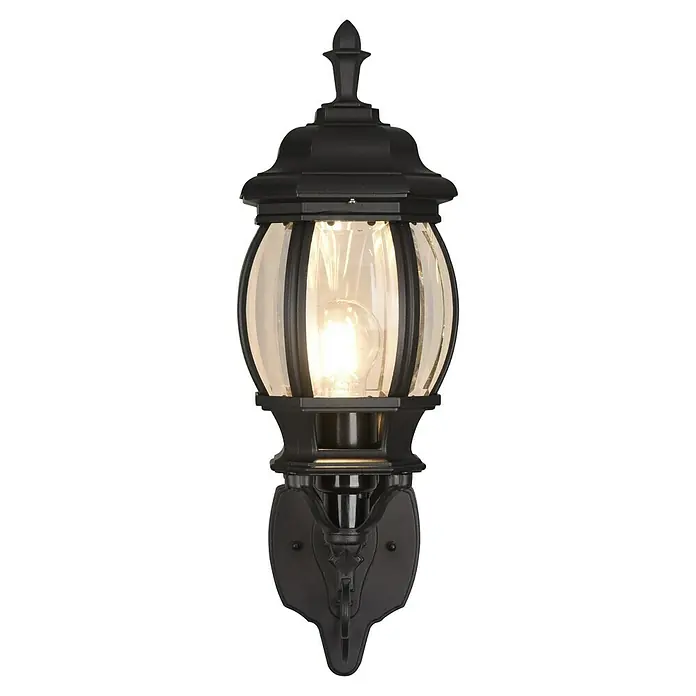 Trio Lighting Aplique exterior Elvo ascendente - 60 W, 24 x 18 x 49 cm, Negro, IP44, Ascendente - Aplique de pared negro para exteriores con inserciones de vidrio transparente y punta decorativa para uso en exteriores.