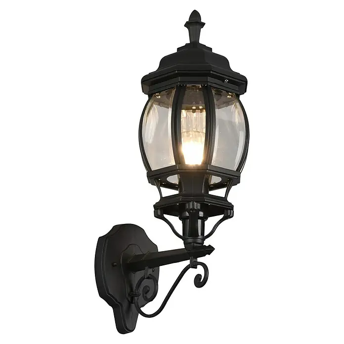 Trio Lighting Aplique exterior Elvo ascendente - 60 W, 24 x 18 x 49 cm, Negro, IP44, Ascendente - Lámpara de pared exterior negra con detalles decorativos y cristal transparente. La lámpara proporciona una iluminación elegante para exteriores.