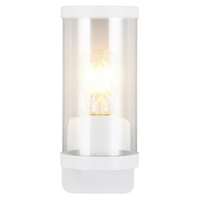 Trio Lighting Aplique exterior Bonito - 28 W, 9 x 9 x 23 cm, Blanco, IP44 - Primer plano de una elegante lámpara de mesa blanca con una pantalla cilíndrica transparente y una bombilla de luz cálida.