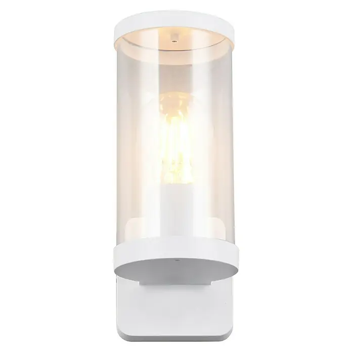 Trio Lighting Aplique exterior Bonito - 28 W, 9 x 9 x 23 cm, Blanco, IP44 - Lámpara de pared blanca con una pantalla cilíndrica transparente que muestra una bombilla. Diseño moderno para iluminación interior elegante.