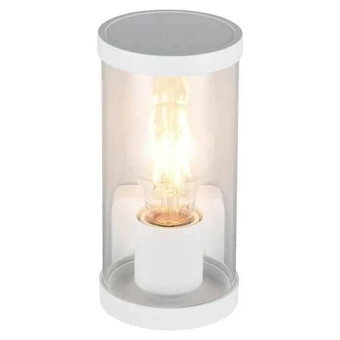 Trio Lighting Aplique exterior Bonito - 28 W, 9 x 9 x 23 cm, Blanco, IP44 - Una bombilla LED brillante en un aplique de pared moderno blanco con un difusor de vidrio cilíndrico, que emite un brillo cálido.