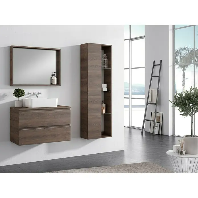 Armario colgante de baño Quadro - 25 x 50 x 160 cm, Tabaco - Moderno conjunto de baño con mueble bajo lavabo, espejo y columna en aspecto madera para un ambiente elegante.