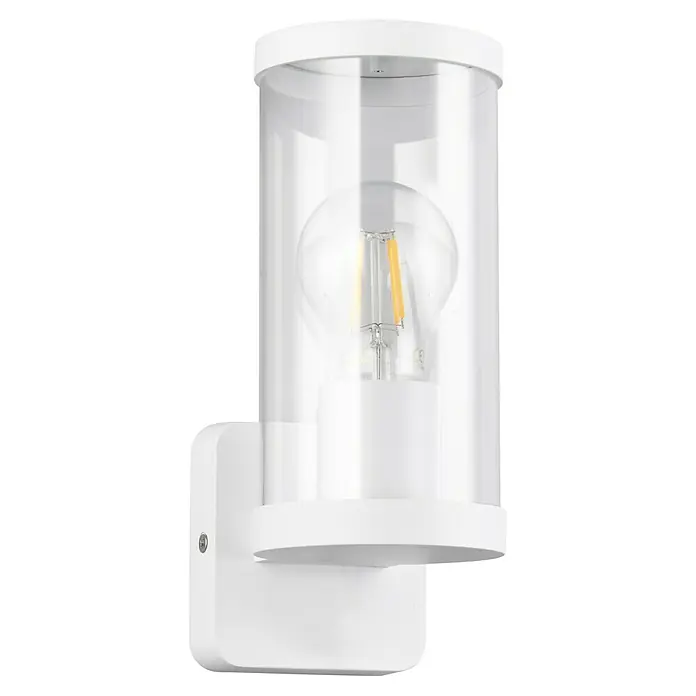 Trio Lighting Aplique exterior Bonito - 28 W, 9 x 9 x 23 cm, Blanco, IP44 - Una moderna lámpara de pared blanca con un cilindro transparente y una bombilla LED, que ofrece una solución de iluminación minimalista y elegante.