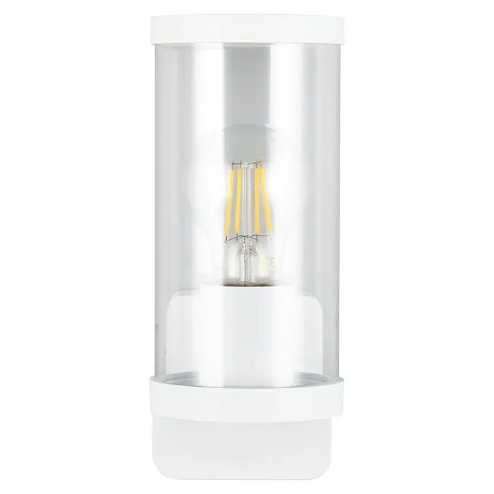 Trio Lighting Aplique exterior Bonito - 28 W, 9 x 9 x 23 cm, Blanco, IP44 - Primer plano de una lámpara blanca moderna con bombilla LED y pantalla transparente.