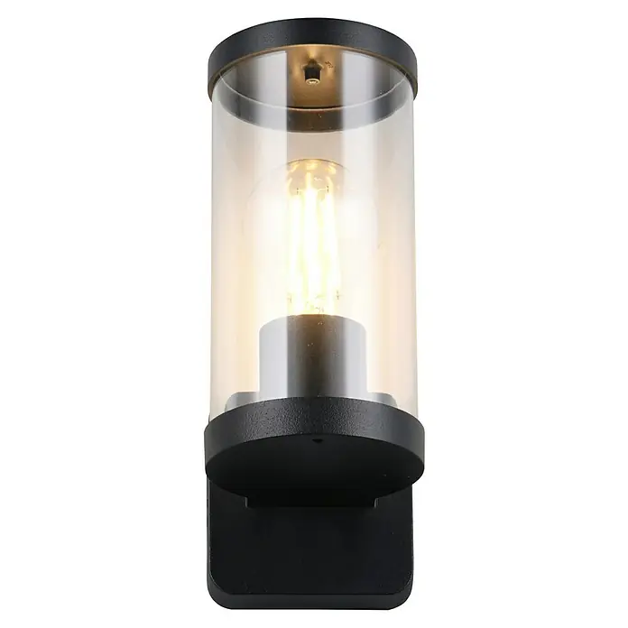Trio Lighting Aplique exterior Bonito - 28 W, 9 x 9 x 23 cm, Negro, IP44 - Primer plano de una lámpara de pared cilíndrica para exteriores con bombilla LED que emite un brillo cálido a través del cuerpo de vidrio transparente. Diseño elegante y moderno.