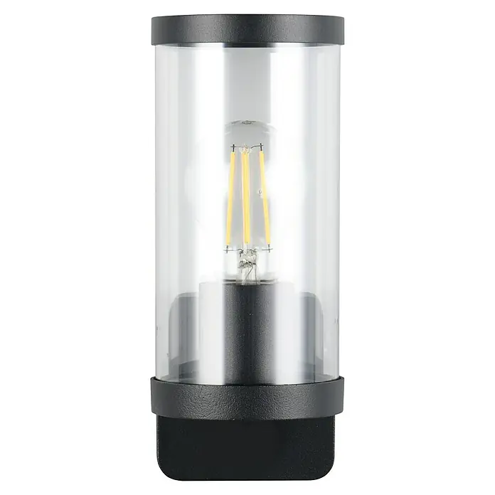 Trio Lighting Aplique exterior Bonito - 28 W, 9 x 9 x 23 cm, Negro, IP44 - Primer plano de una lámpara de exterior moderna con una carcasa de vidrio transparente y base negra, que muestra una bombilla LED.