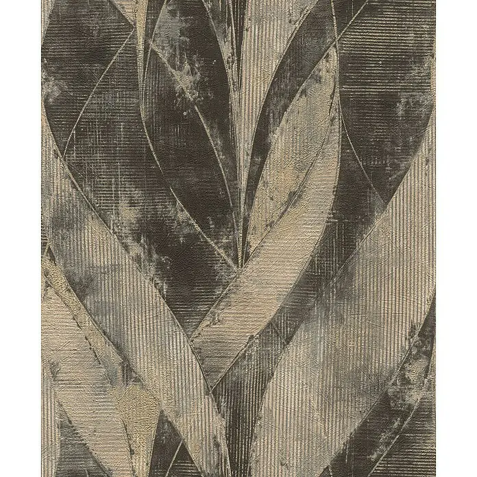 Rasch Selection Vliestapete - Schwarz, Floral, 10,05 x 0,53 m - Abstraktes braunes Tapetenmuster mit Blattmotiven und Streifen für eine moderne Wandgestaltung.