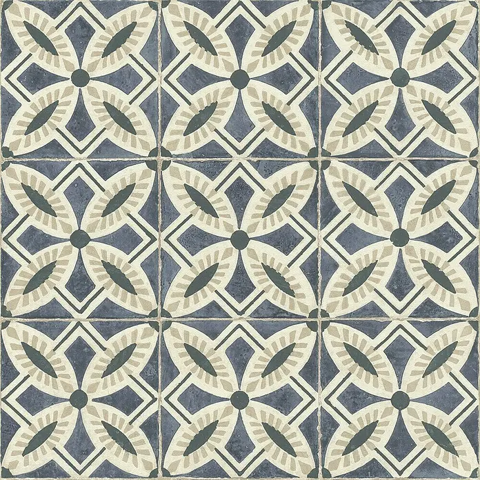 Rasch Beachhouse Vliestapete Fliesenkacheln - Dunkelblau/Beige, Fliesenoptik, 10,05 x 0,53 m - Dekorfliesen mit einem Muster aus stilisierten Blüten und geometrischen Formen in Blau-, Beige- und Grautönen.
