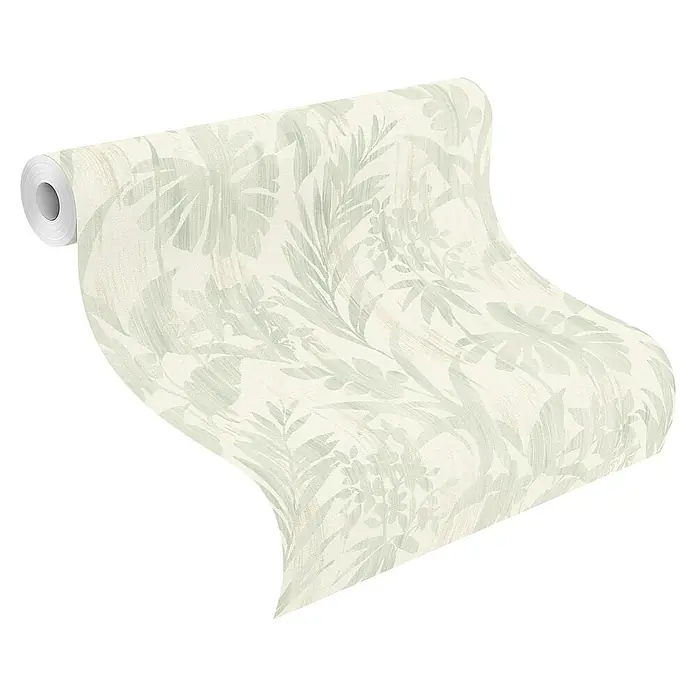 Rasch Beachhouse Vliestapete Pastelles Pflanzenmotiv - Hellgrün, Floral, 10,05 x 0,53 m - Tapetenrolle mit hellgrünem tropischem Blattmuster auf cremefarbenem Hintergrund.