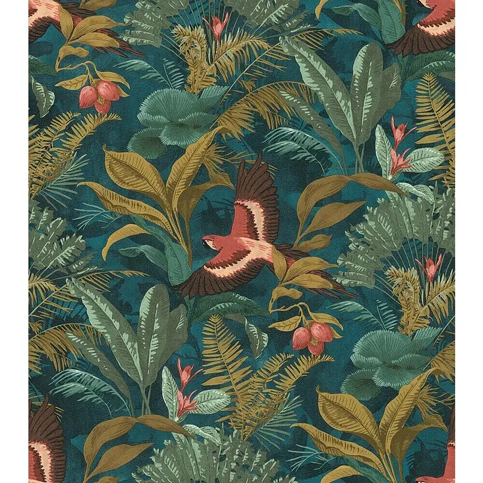 Rasch Selection Vliestapete Vinyl Dschungeltapete - Bunt, Floral, 10,05 x 0,53 m - Tropische Dschungeltapete mit üppigen Pflanzen, bunten Vögeln und einer tiefgrünen Farbpalette, die einen exotischen Look verleiht.