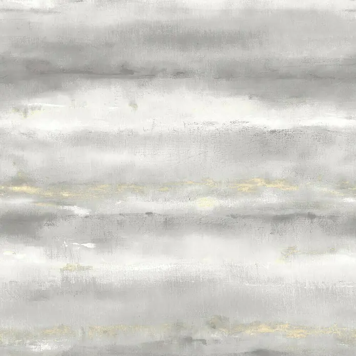Rasch Florentine IV Fototapete Aquarell Shadow - B x H: 300 x 265 cm, Vlies, Grau - Abstraktes Gemälde mit horizontalen grau-weißen Pinselstrichen und goldenen Akzenten.