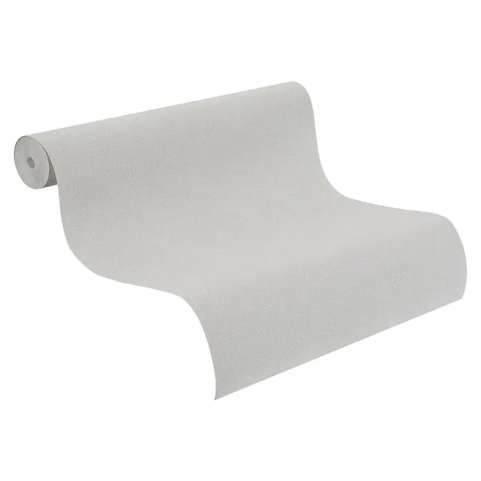 Rasch Beachhouse Vliestapete Modern - Grau, Uni, 10,05 x 0,53 m - Hellgraue, texturierte Tapetenrolle, teilweise abgerollt.