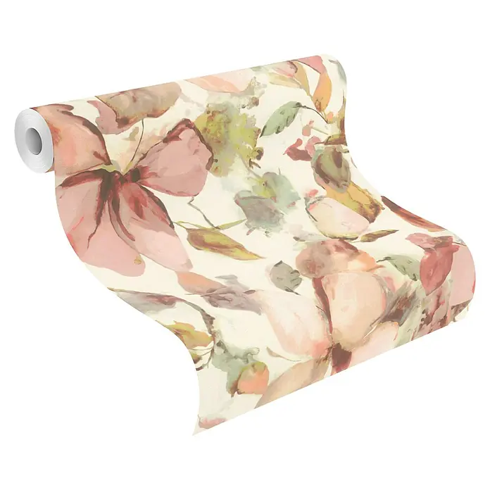 Rasch Florentine IV Vliestapete Flowers - Pastellrosa, Floral, 10,05 x 0,53 m - Tapetenrolle mit malerischem Blumenmuster aus großen rosa und cremefarbenen Blüten und gedämpften grünen Blättern.
