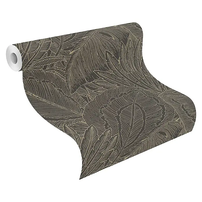 Rasch Selection Vliestapete Allegretto - Schwarzgold, Floral, 10,05 x 0,53 m - Teilweise abgerollte, dunkelbraune Tapete mit detailliertem beigem Tropenblattmuster.