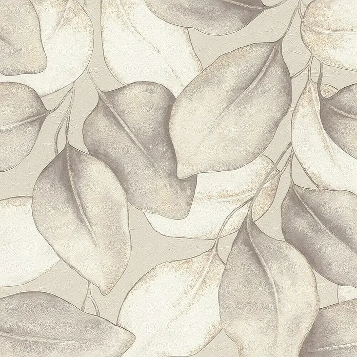 Rasch Incanto Vliestapete Moderne Blätter - Beige/Grau, Floral, 10,05 x 0,53 m - Texturiertes Muster aus cremefarbenen und beigen Blättern mit zarten Goldakzenten.
