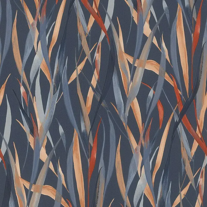 Rasch Paraiso Vliestapete Gräser - Petrolblau, Floral, 10,05 x 0,53 m - Abstraktes blaues, oranges, rotes und graues Blattmuster auf dunkelblauer Stofftextur.