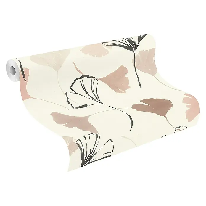 Rasch Selection Vliestapete Vinyl Modernes Blattmotiv - Weißbraun, Floral, 10,05 x 0,53 m - Gerollte Tapete mit abstraktem Ginkgo-Blattmuster in Schwarz, Rosa und Braun auf cremefarbenem Hintergrund.