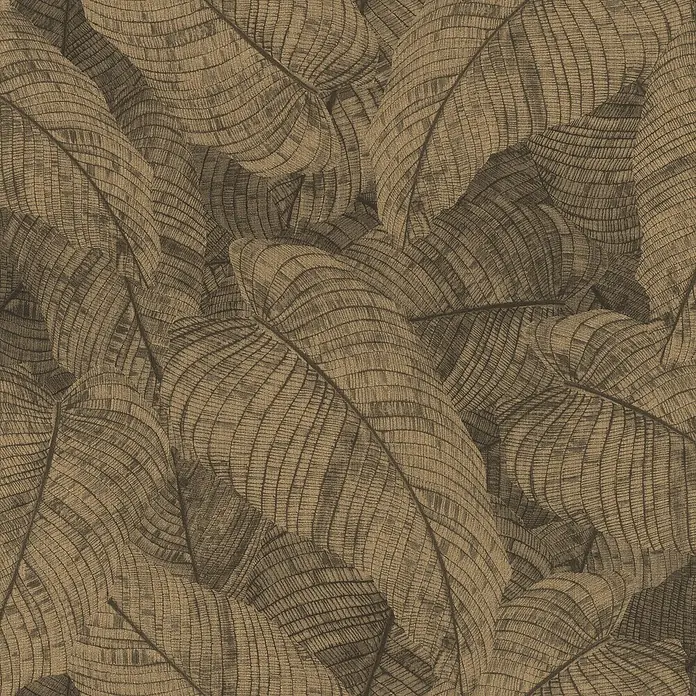 Rasch Amara Vliestapete Blätter - Kupferschwarz, Floral, 10,05 x 0,53 m - Texturiertes braunes nahtloses Muster stilisierter, überlappender Bananenblätter mit feinen linearen Details.