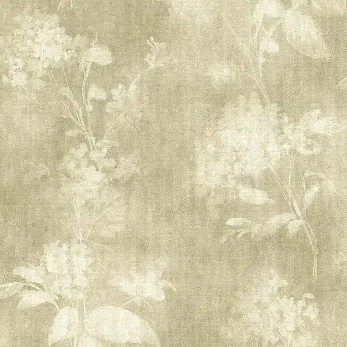 Rasch Florentine IV Vliestapete Dezente Blümchen - Grün, Floral, 10,05 x 0,53 m - Helle graubeige Leinenstruktur mit verblasstem weißem Blumenmuster.