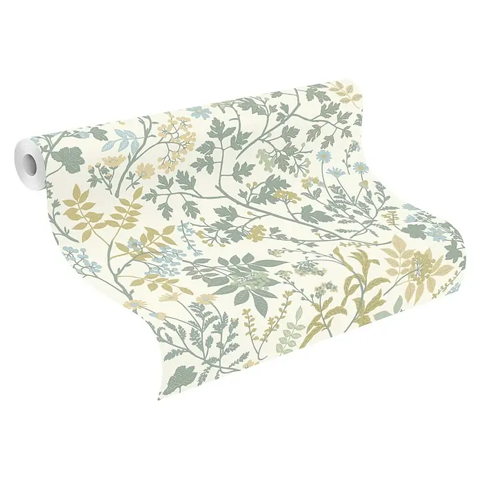 Rasch Selection Vliestapete Vinyl Botanical - Pastell-Moosgrün, Floral, 10,05 x 0,53 m - Rolle botanisch gemusterter Tapete mit blauen, grünen und gelben Blumenmustern auf cremefarbenem Hintergrund.