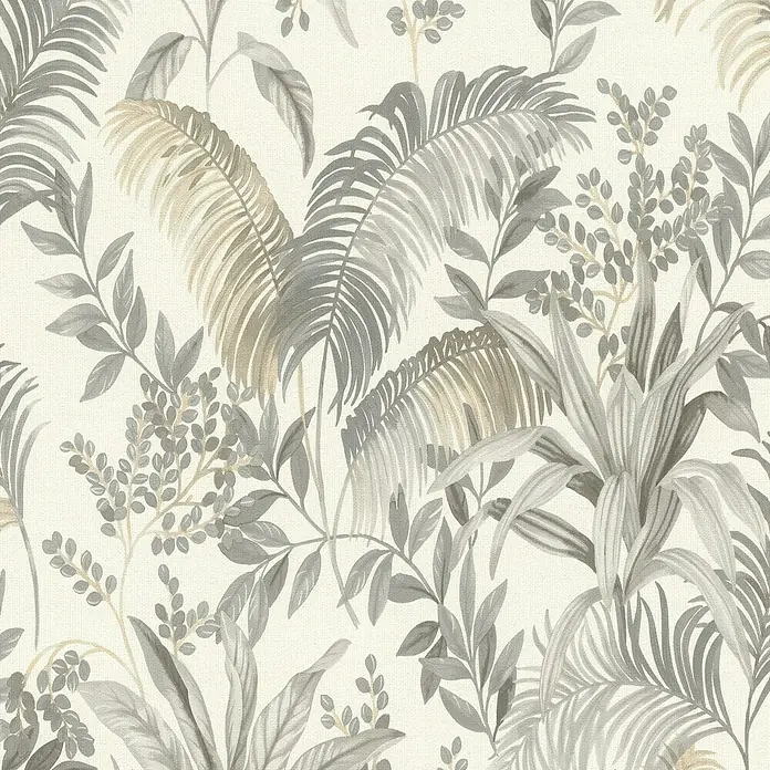 Rasch Florentine IV Vliestapete Pflanzen-Allover - Grau, Floral, 10,05 x 0,53 m - Tropisches Blättermuster mit Palmfarnen und Laub in Grau- und Beigetönen.