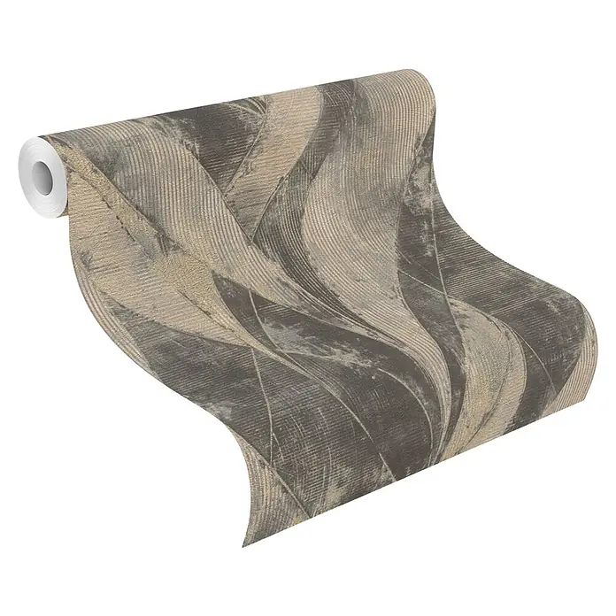 Rasch Selection Vliestapete - Schwarz, Floral, 10,05 x 0,53 m - Eine Rolle strukturierter braun-beiger Tapete mit abstraktem Federmuster.