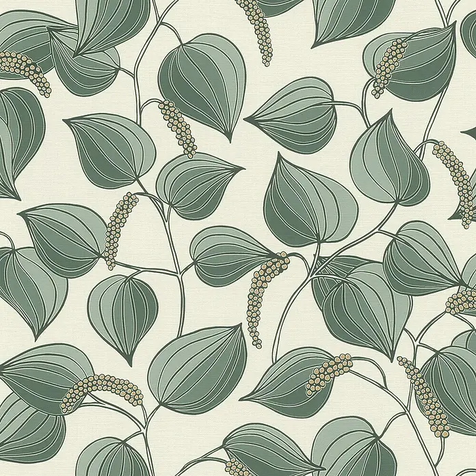 Rasch Selection Vliestapete Vinyl Botanical - Grün, Floral, 10,05 x 0,53 m - Nahtloses botanisches Muster mit stilisierten grünen Blättern und hellen Beerenclustern.
