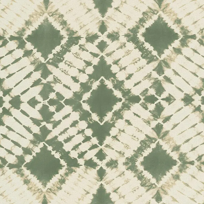 Rasch Beachhouse Fototapete Batikoptik II - B x H: 300 x 265 cm, Vlies, Grün - Salbeigrüner Shibori-Stoff mit geometrischem Rautenmuster auf Creme.