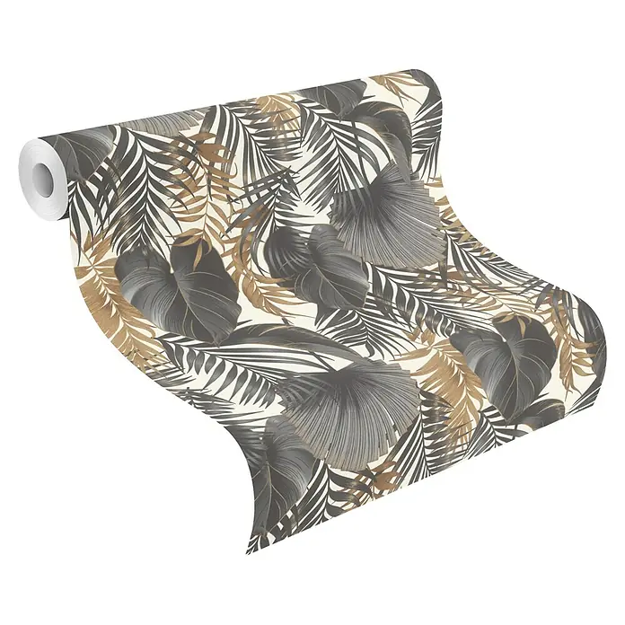 Rasch Selection Vliestapete Vinyl Blätter - Schwarz/Gold, Floral, 10,05 x 0,53 m - Tapetenrolle mit tropischem Blattmuster in Dunkelgrau- und Goldtönen.