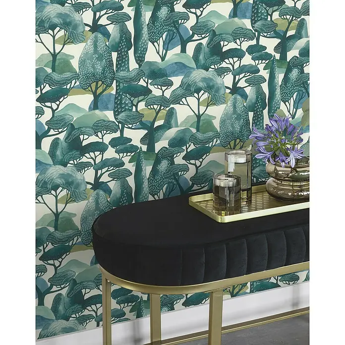 Rasch Selection Vliestapete Vinyl Modern Art III - Türkisgrün, Floral, 10,05 x 0,53 m - Elegante schwarze Samtbank mit goldenem Gestell. Ein stilvolles Möbelstück, das jedem Raum einen Hauch von Luxus verleiht.