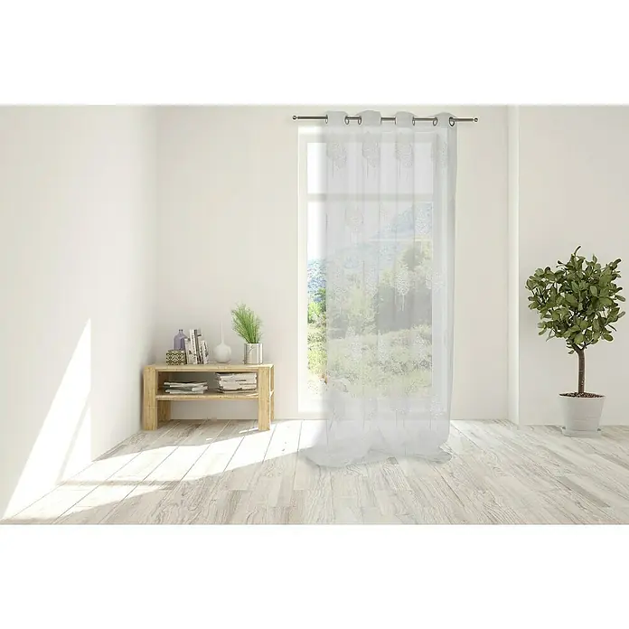 Visillo para ventana bordado Paseo - An x Al: 140 x 250 cm, 100% poliéster, Blanco - Un panel de cortina blanco y transparente con un diseño delicado, que adorna elegantemente la ventana y filtra suavemente la luz natural.