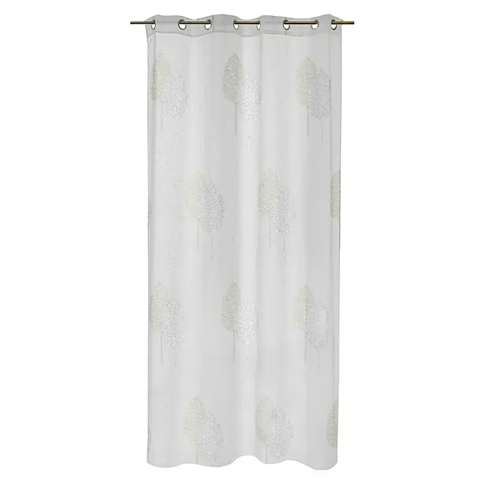Visillo para ventana bordado Paseo - An x Al: 140 x 250 cm, 100% poliéster, Blanco - Cortina de tela blanca con estampado de hojas tejidas, colgada de una barra dorada, que añade un toque decorativo y elegante a cualquier estancia.