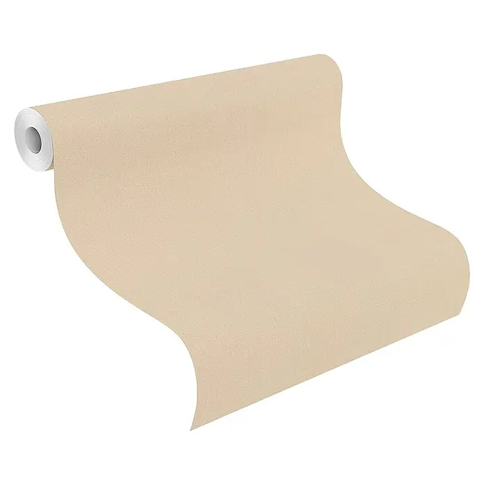 Rasch Incanto Vliestapete - Apricotbeige, Uni, 10,05 x 0,53 m - Nahaufnahme einer Rolle beiger Tapete, die ihre Textur und Farbe zeigt, ideal für die Wanddekoration.