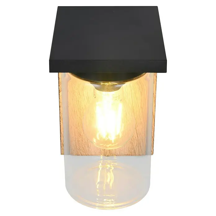 Trio Lighting Aplique exterior Ardila - 40 W, 11 x 19 cm, Marrón, IP44 - Primer plano de una lámpara de pared moderna con carcasa negra y bombilla de luz cálida, creando un ambiente acogedor.