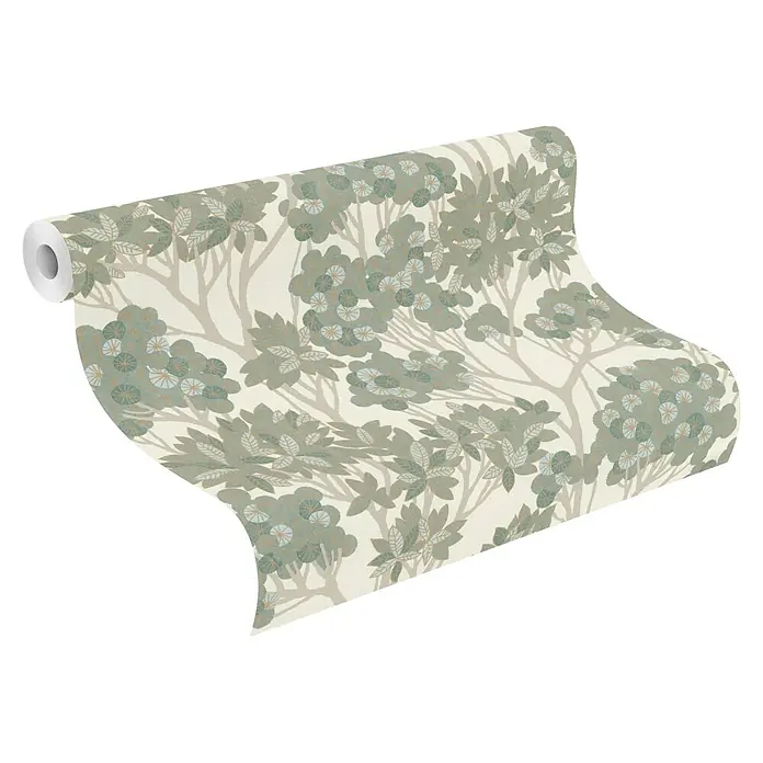 Rasch Selection Vliestapete Vinyl Modern Art I - Moosgrün, Floral, 10,05 x 0,53 m - Rolle Tapete mit Naturmuster: beiger Hintergrund, taupe Bäume, türkis/blaugrüne Blätter mit hellblauen und goldenen Details.