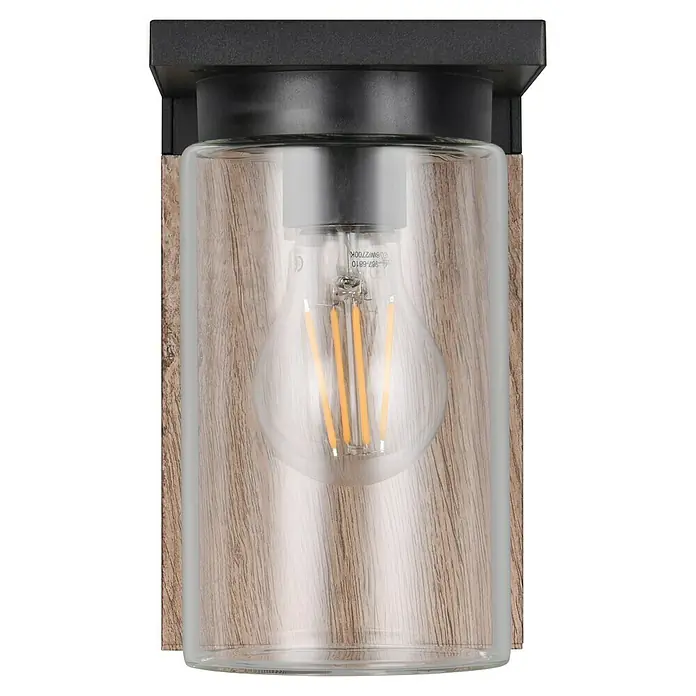 Trio Lighting Aplique exterior Ardila - 40 W, 11 x 19 cm, Marrón, IP44 - Primer plano de un aplique moderno con vidrio transparente y madera rústica, ideal para iluminación ambiental.
