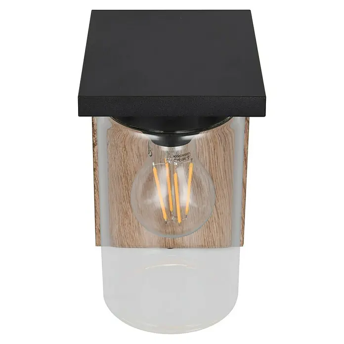 Trio Lighting Aplique exterior Ardila - 40 W, 11 x 19 cm, Marrón, IP44 - Lámpara de pared moderna con una cubierta negra cuadrada y una carcasa de aspecto de madera que rodea una bombilla decorativa.