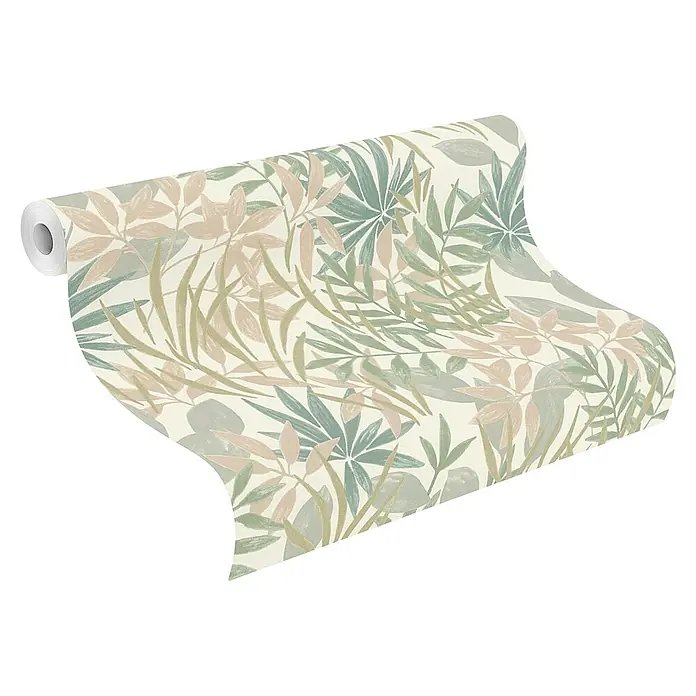 Rasch Selection Vliestapete Vinyl - Pastell-Moosgrün, Floral, 10,05 x 0,53 m - Tapetenrolle mit botanischem Blättermuster in gedämpften Grün- und Beigetönen.