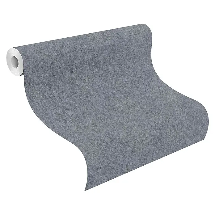 Rasch Selection Vliestapete - Dunkelblau, Uni, 10,05 x 0,53 m - Graue, strukturierte Tapetenrolle, teilweise abgerollt.