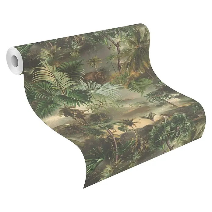 Rasch Selection Vliestapete Vinyl Dschungeltapete - Dschungelgrün, Floral, 10,05 x 0,53 m - Eine Tapetenrolle mit detailliertem tropischem Dschungelmotiv, Palmen und Wildtieren in Grün- und Erdtönen.