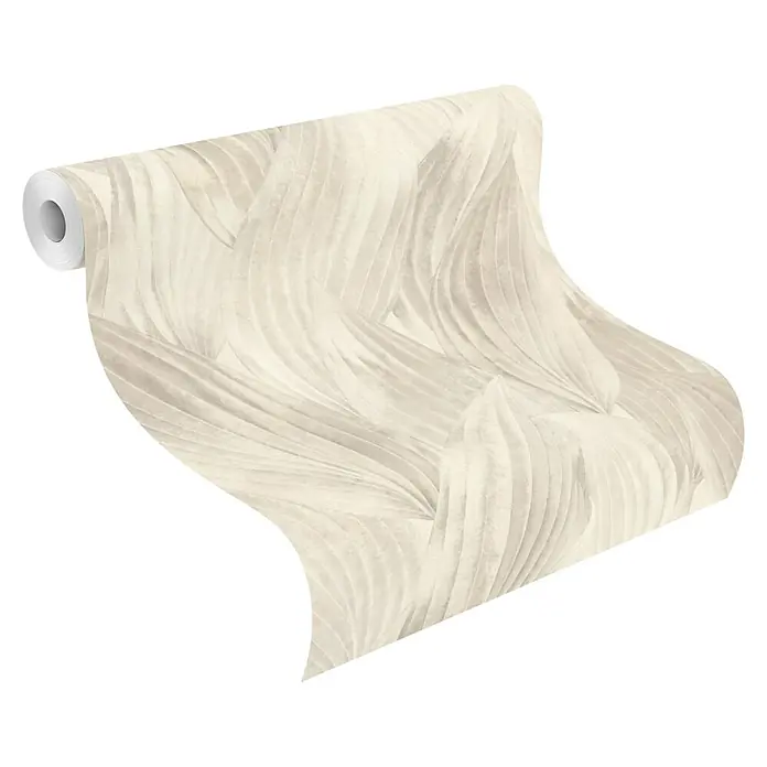 Rasch Back To Nature Vliestapete Blätterintarsie - Grau, Floral, 10,05 x 0,53 m - Rolle hellbeiger Tapete mit welligem, blattartigem Strukturmuster, abrollend.