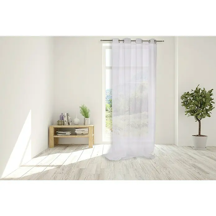 Visillo para ventana Elma - An x Al: 140 x 250 cm, 100% poliéster, Blanco - Cortina translúcida blanca y ligera con ojales en la parte superior, que cuelga frente a una ventana, difuminando la luz y creando un ambiente elegante.