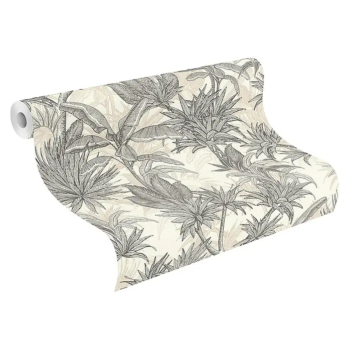 Rasch Selection Vliestapete Vinyl Botanical - Schwarz/Weiß, Floral, 10,05 x 0,53 m - Teilweise abgerollte Tapetenrolle mit detailliertem tropischem Dschungel-Blattmuster in Grau- und Beigetönen.