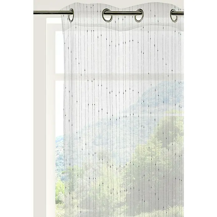 Visillo para ventana Lorenzo - An x Al: 140 x 250 cm, 100% poliéster, Gris - Cortina translúcida con acentos negros verticales, colgada en una barra plateada, ideal para una decoración ligera de la ventana.