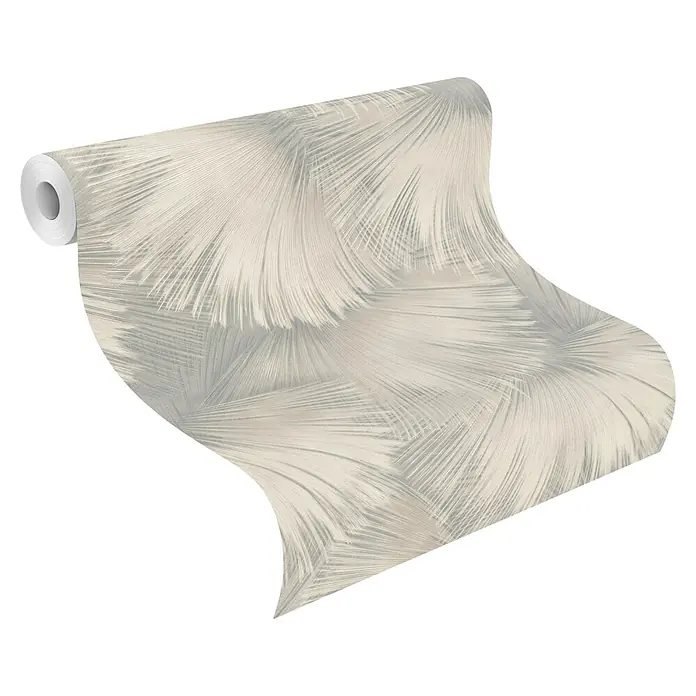Rasch Incanto Vliestapete Fächer - Beige-Grau, Grafisch, 10,05 x 0,53 m - Tapetenrolle mit zartem hellgrauem und beigem Feder-ähnlichem Muster.