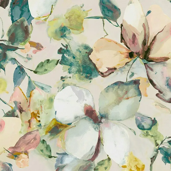 Rasch Florentine IV Fototapete Magnolie - B x H: 300 x 265 cm, Vlies, Blau - Abstraktes Aquarell-Blumenmuster mit großen Blüten und Blättern in sanften Pastelltönen wie Creme, Rosa, Grün und Petrol.