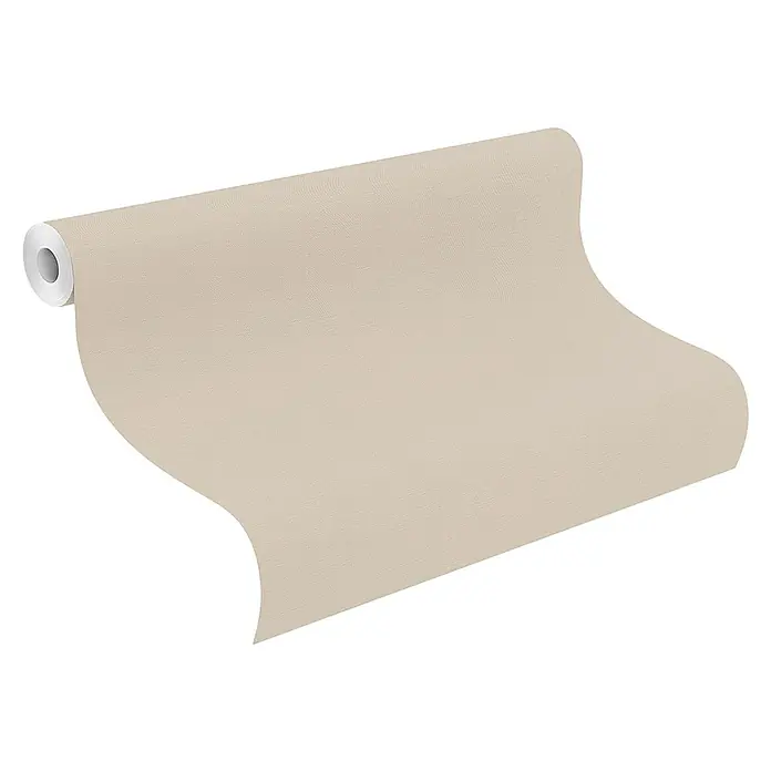 Rasch Selection Vliestapete Vinyl - Beigetaupe, Uni, 10,05 x 0,53 m - Beige strukturierte Tapetenrolle entrollt sich, bereit zur Anbringung.